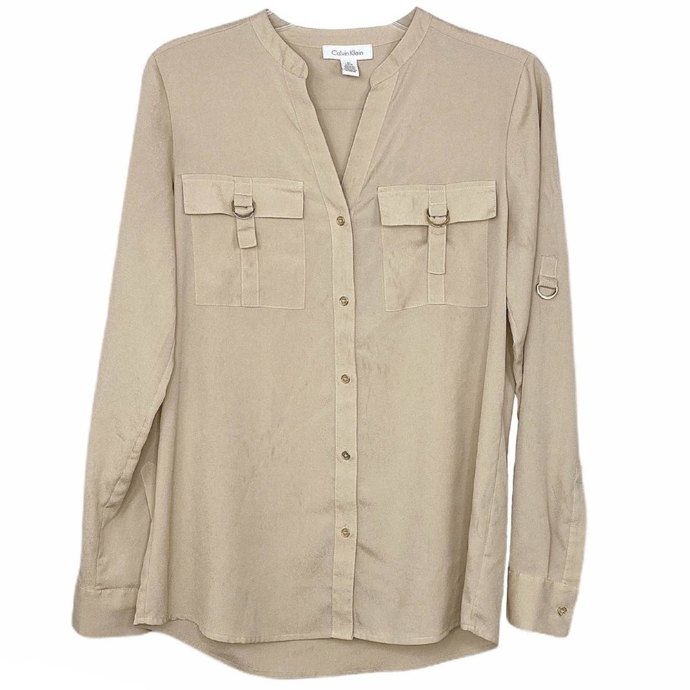 Calvin Klein Button Down Tan & Gold Top Size Small